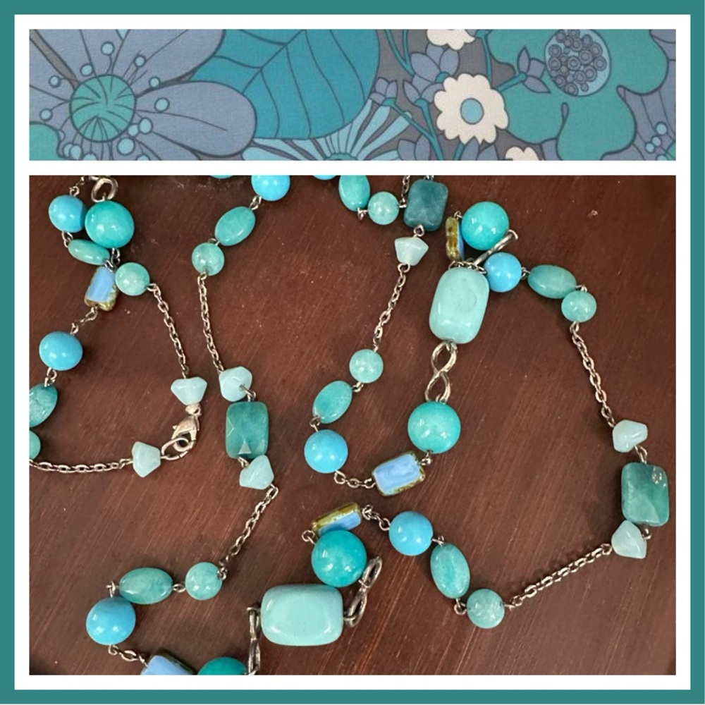 Long Jade and Bead Necklace. Shades of turquoise and blues.  Silver tone Chain.